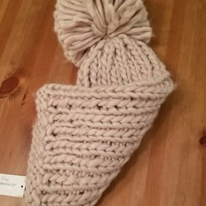 Long Beige Knitted Hat Pom Pom